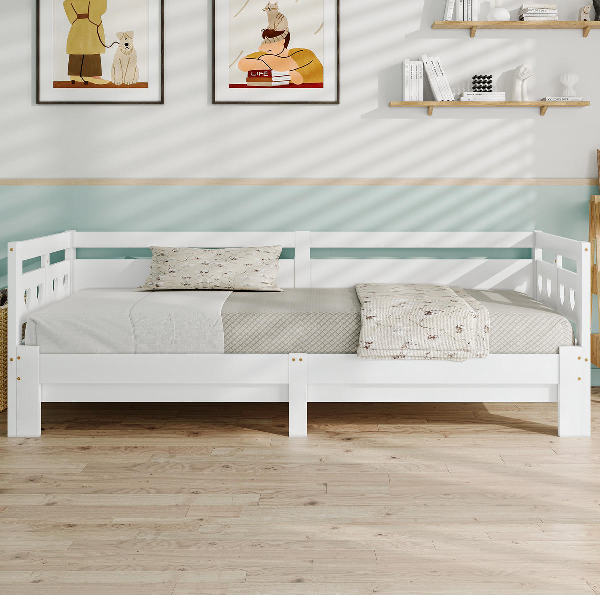 AUSZIEHBETT 90/200 cm mit Herz-Design, Massivholz, Weiß - Weiß, Holzwerkstoff (90/200cm) - Redom