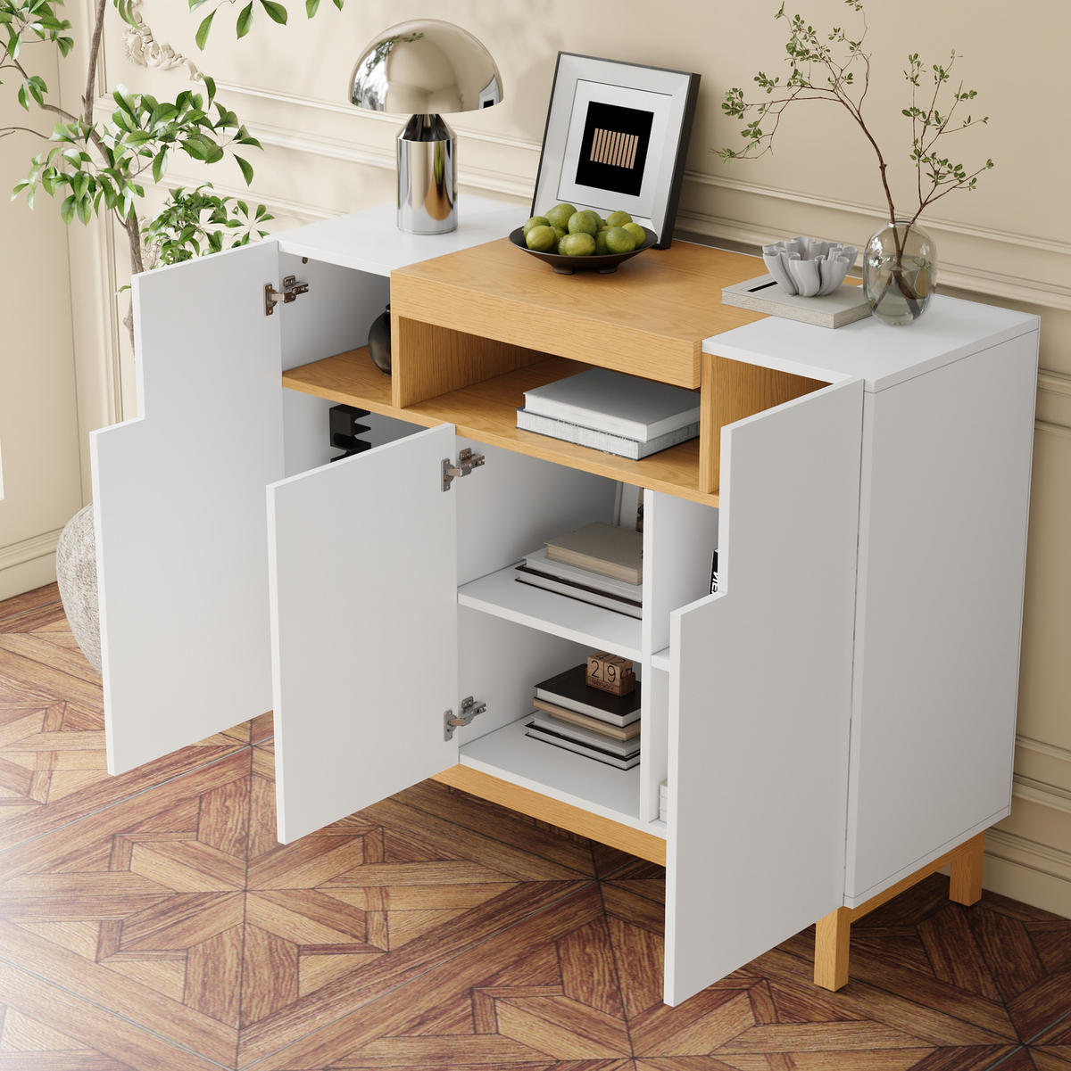 SIDEBOARD 120,5/42/96 cm mit 3 Türen & offenem Fach in Weiß und Holzoptik - Weiß, Holzwerkstoff (120.5/96/42cm) - BEAOK