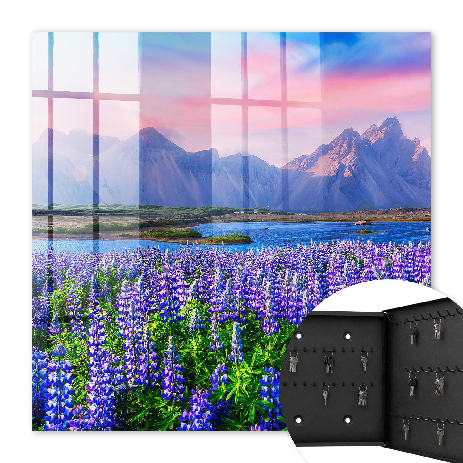SCHLÜSSELBOX Schwarz 30x30 cm- Türöffnung nach rechts - Berglandschaft - Lila, Metall (30/30/5cm) - TULUP