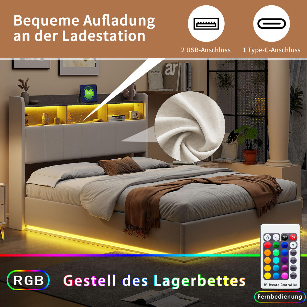 POLSTERBETT 140/190 cm Weiß mit Stauraumkopfteil und USB-Anschlüssen - Weiß, Holz (140/190cm) - SHOPENTRA