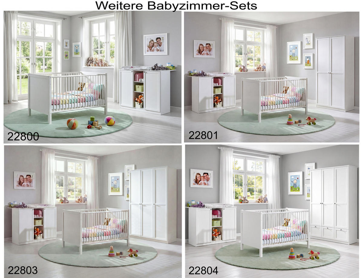 BABYZIMMER-SET 3-tlg.: Babybett & Wickelkommode & Kleiderschrank 2-türig mit Schubladen B90/H200/T58 cm, Soft-Close, Landhausstil Weiß / 22802 - Silberfarben/Weiß, Holzwerkstoff/Metall (76/83/146cm) - luma-home
