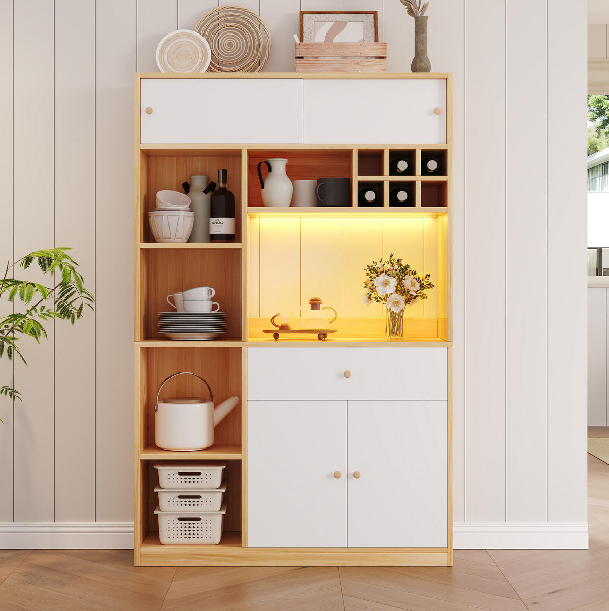 BUFFET 115/35/180 cm aus Spanplatte mit LED-Beleuchtung Weiß/Natur - Weiß, Holzwerkstoff (115/180/35cm) - Modenvie