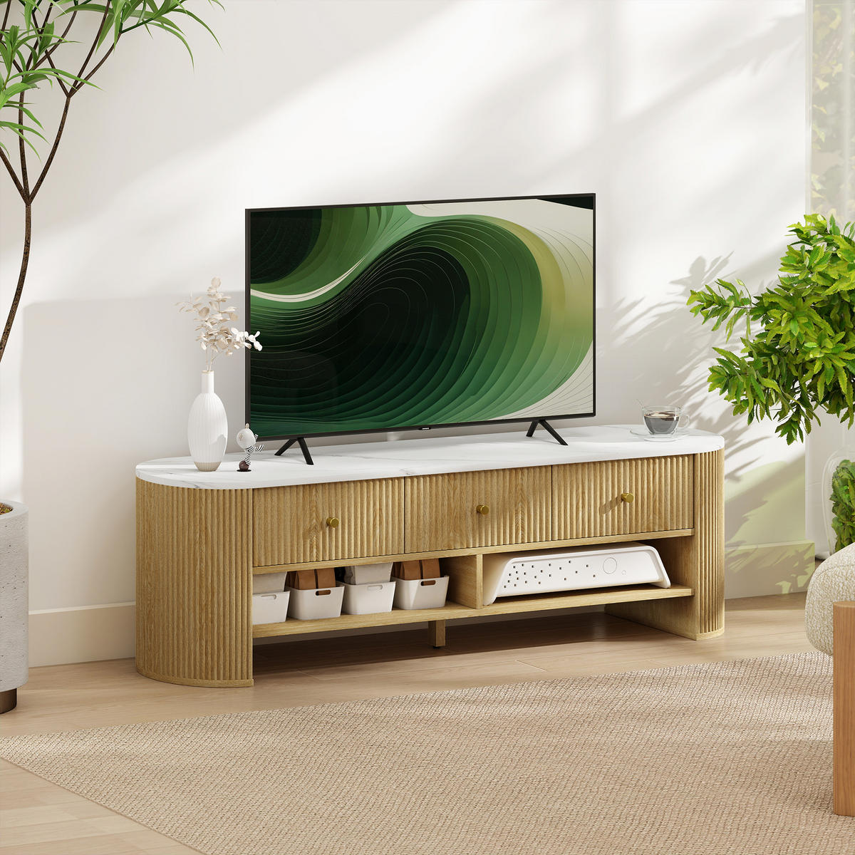 LOWBOARD Weiß/Natur 140/40/43 cm, Marmor-Optik, 3 Schubladen, Kabelmanagement - Naturfarben, Holzwerkstoff (140/43/40cm) - PANGIVO