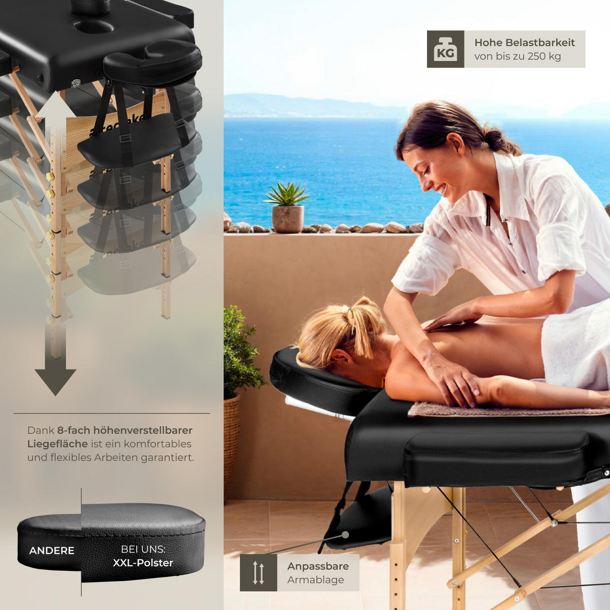 MASSAGELIEGE 2 Zonen, 220 x 83 x 87,5 cm,schwarz - Schwarz, Holz (59/65.5/187cm) - tectake