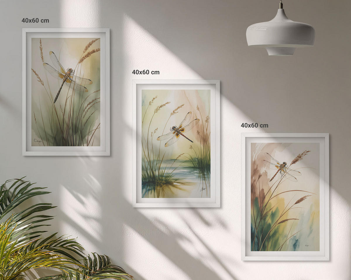 BILDER SET 3er Set - 40x60 cm Weißer Rahmen - Libellen im Gras, Wassermalerei - Weiß, Kunststoff (40/60cm) - TULUP