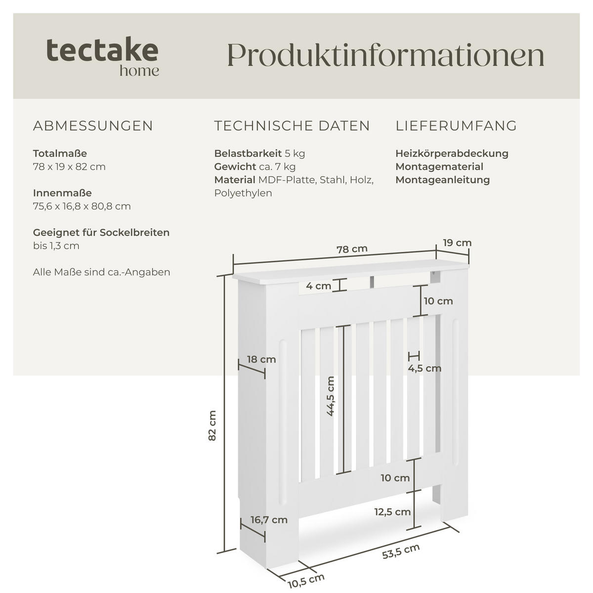 HEIZKÖRPERABDECKUNG Vila,optimale Luftzirkulation,weiß - Weiß, Holz (19/78/82cm) - tectake