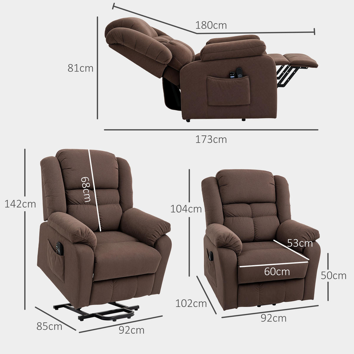 RELAXSESSEL, Fernsehsessel mit Aufstehhilfe, Liege-, Massage- und Heizfunktion - Dunkelbraun/Schwarz, Textil/Metall (92/104/102cm) - HOMCOM