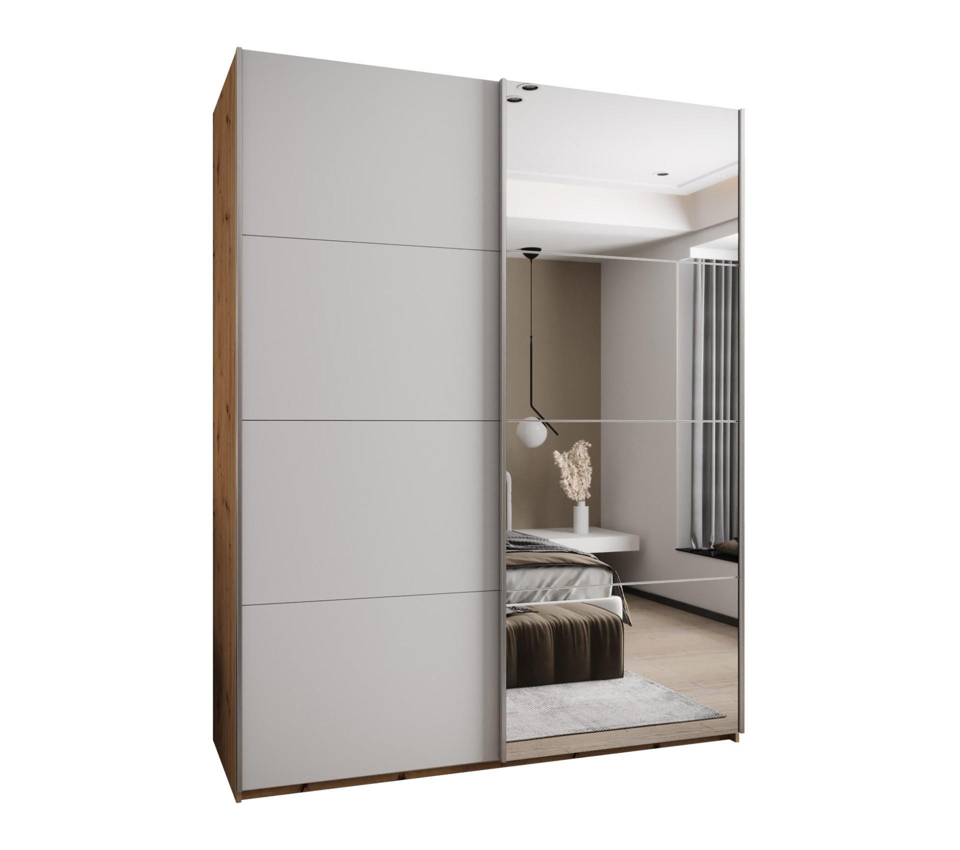 Abiks Möbel Schwebetürenschrank Eiche Artisan, Weiß, Silber 200x245x64 cm