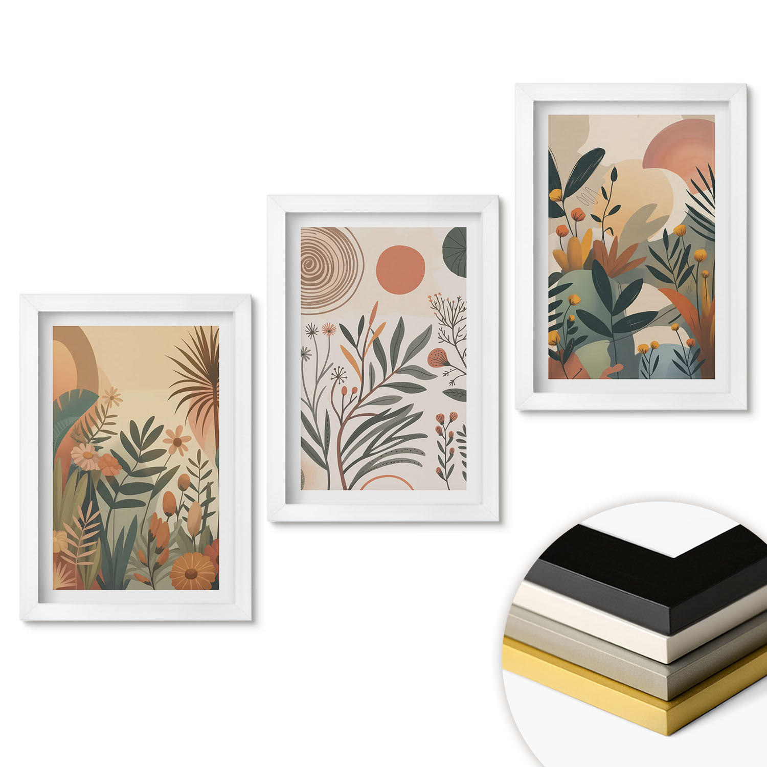 WANDBILDER 3er-Set - 20x30 cm Weißer Rahmen - Pflanzenmotive in gedeckten Farben - Weiß, Kunststoff (20/30cm) - ArtPrintCave