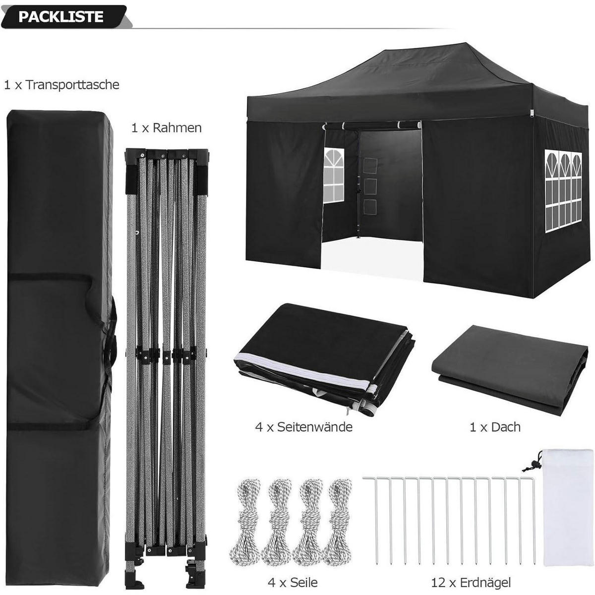 FALTPAVILLON 300 x 450 cm Wasserdicht Schwarz mit 4 Seitenwänden - Schwarz, Textil (300/240/450cm)