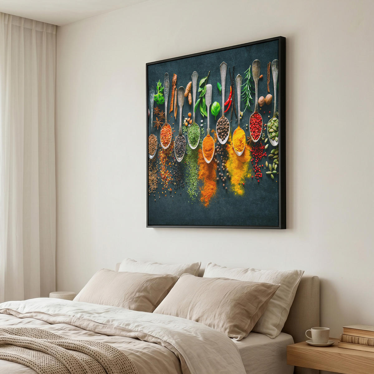 LEINWAND Bilder mit Rahmen - Kräuter - Gewürze - Löffel - 90x90 - Currygelb, Textil (90/90cm) - MuchoWow