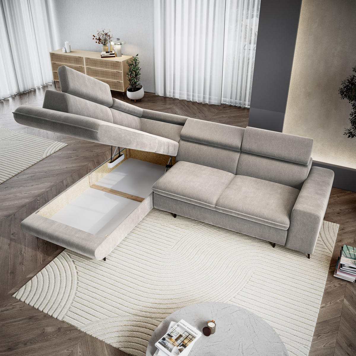 ECKSOFA VELISS Hellgrau Veloursstoff mit Schlaffunktion - Hellgrau, Holz (255/193cm) - MASSENO