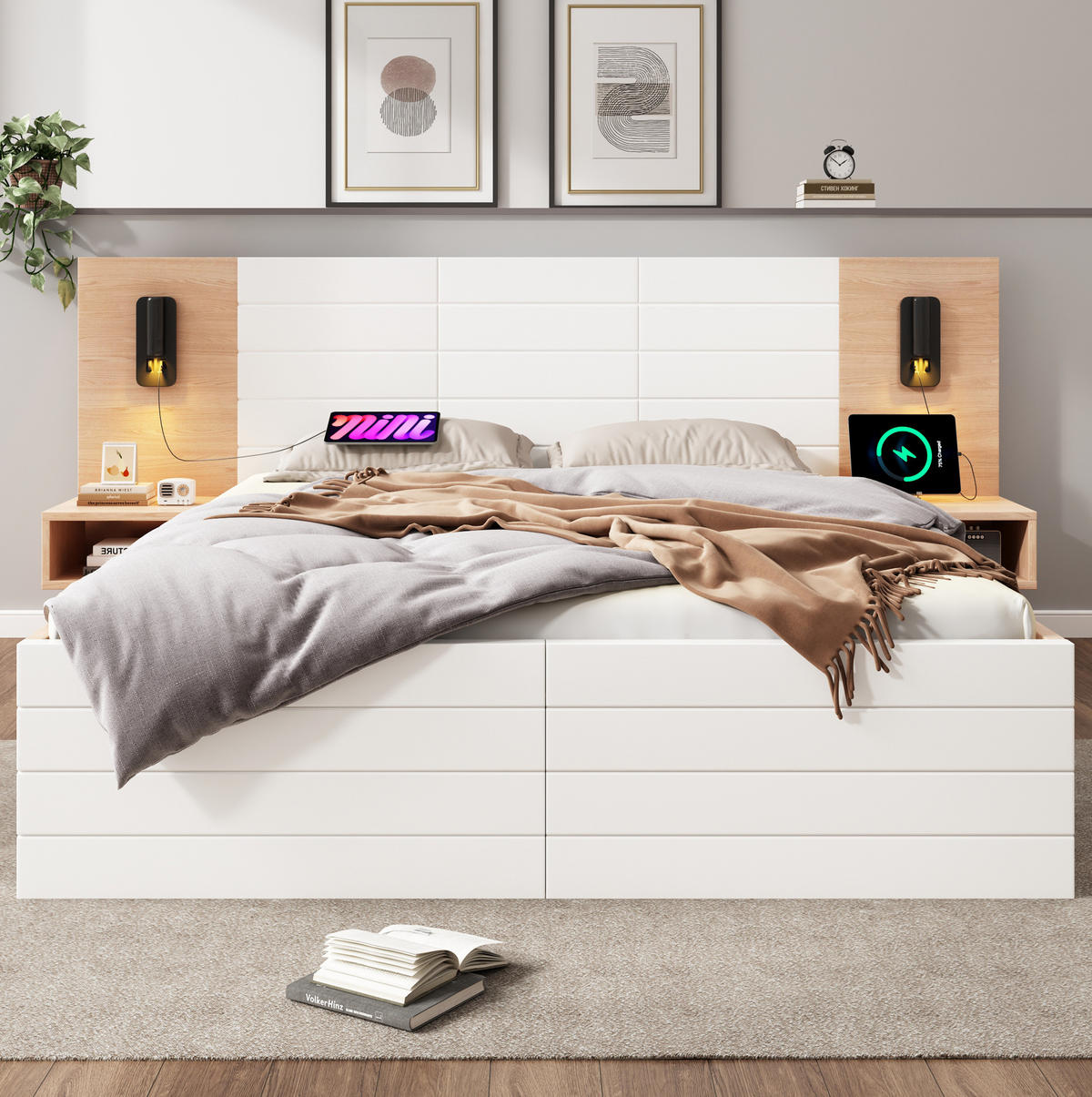 POLSTERBETT aus Massivholz/MDF 160x200 cm in Weiß mit Matratze & Leselicht - Weiß, Holzwerkstoff (160/200cm) - Modfu