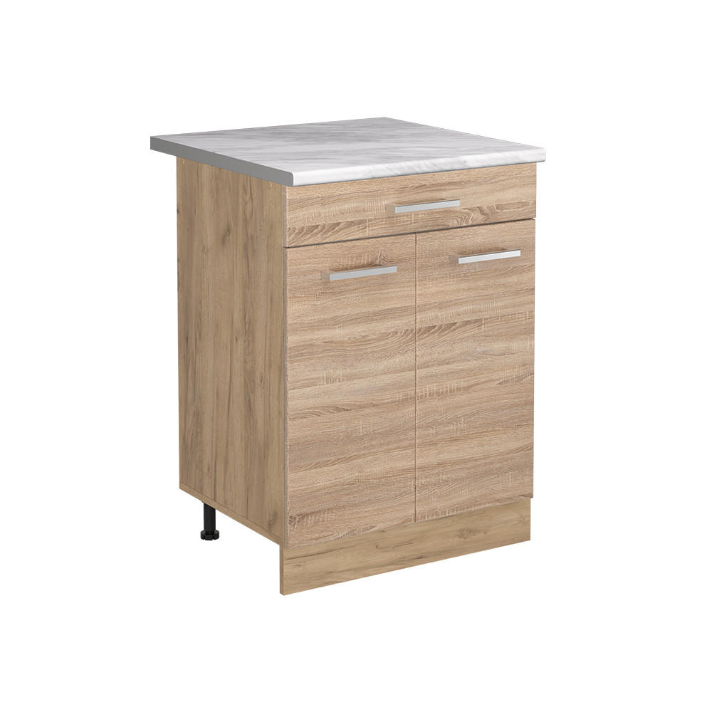 KÖKSUNDERSKÅP R-Line, Sonoma/Goldkraft ek, 60 cm med låda Marmuras stalviršis Sonoma ek, Honungsek 81.6/60/60 cm