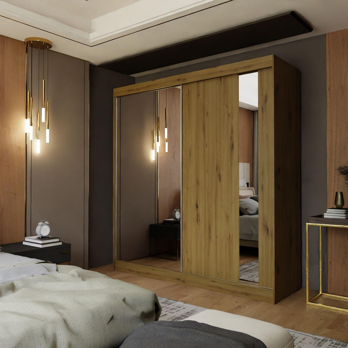 SCHWEBETÜRENSCHRANK GRAZIA 200/216/61 cm 2-türig mit Spiegel Eiche Artisan - Eiche Artisan, Holzwerkstoff (200/216/61cm) - MASSENO