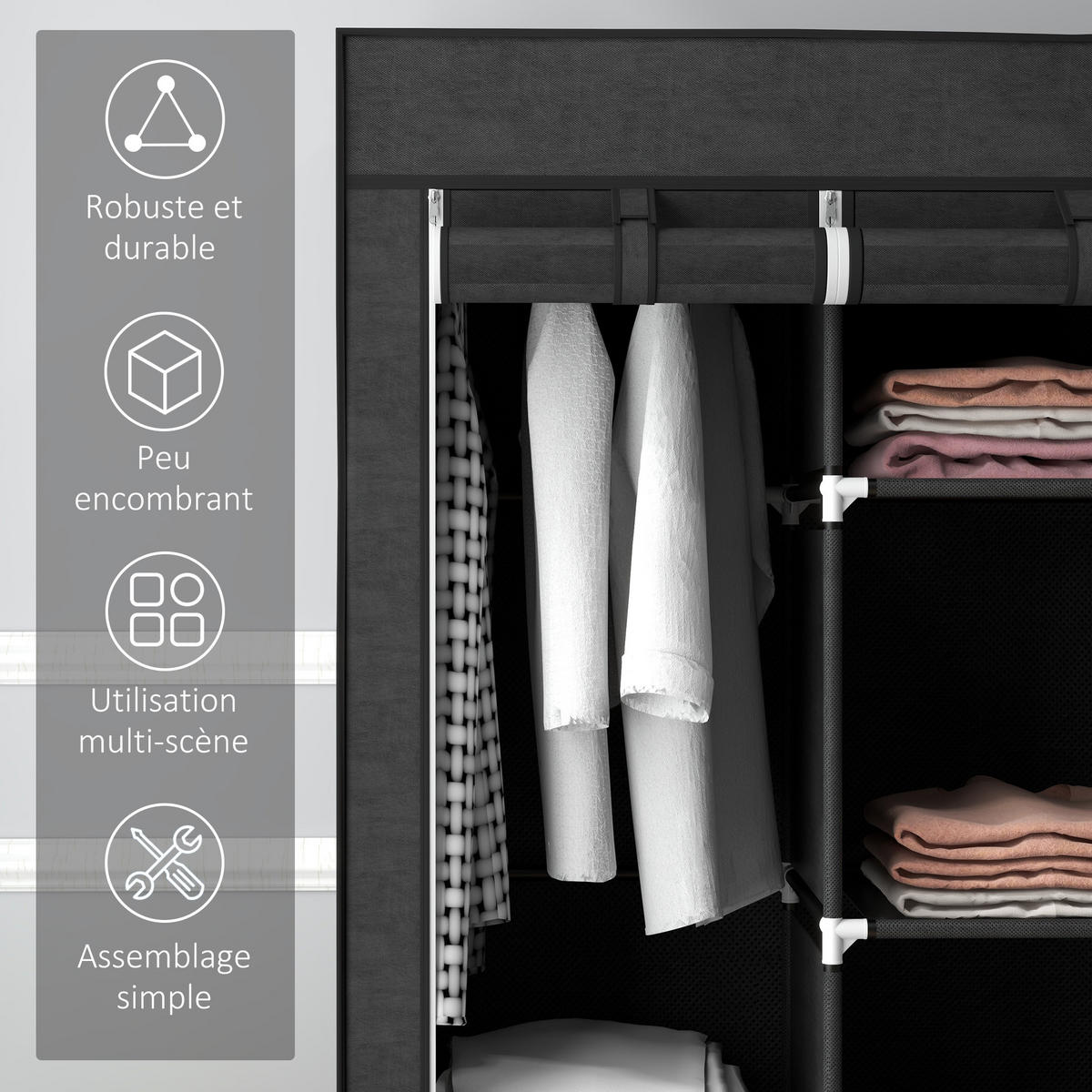 STOFFSCHRANK DE-17173 8 Böden & 2 Kleiderstangen Schwarz - Schwarz, Metall (43/162.5/125cm) - ComfortXL