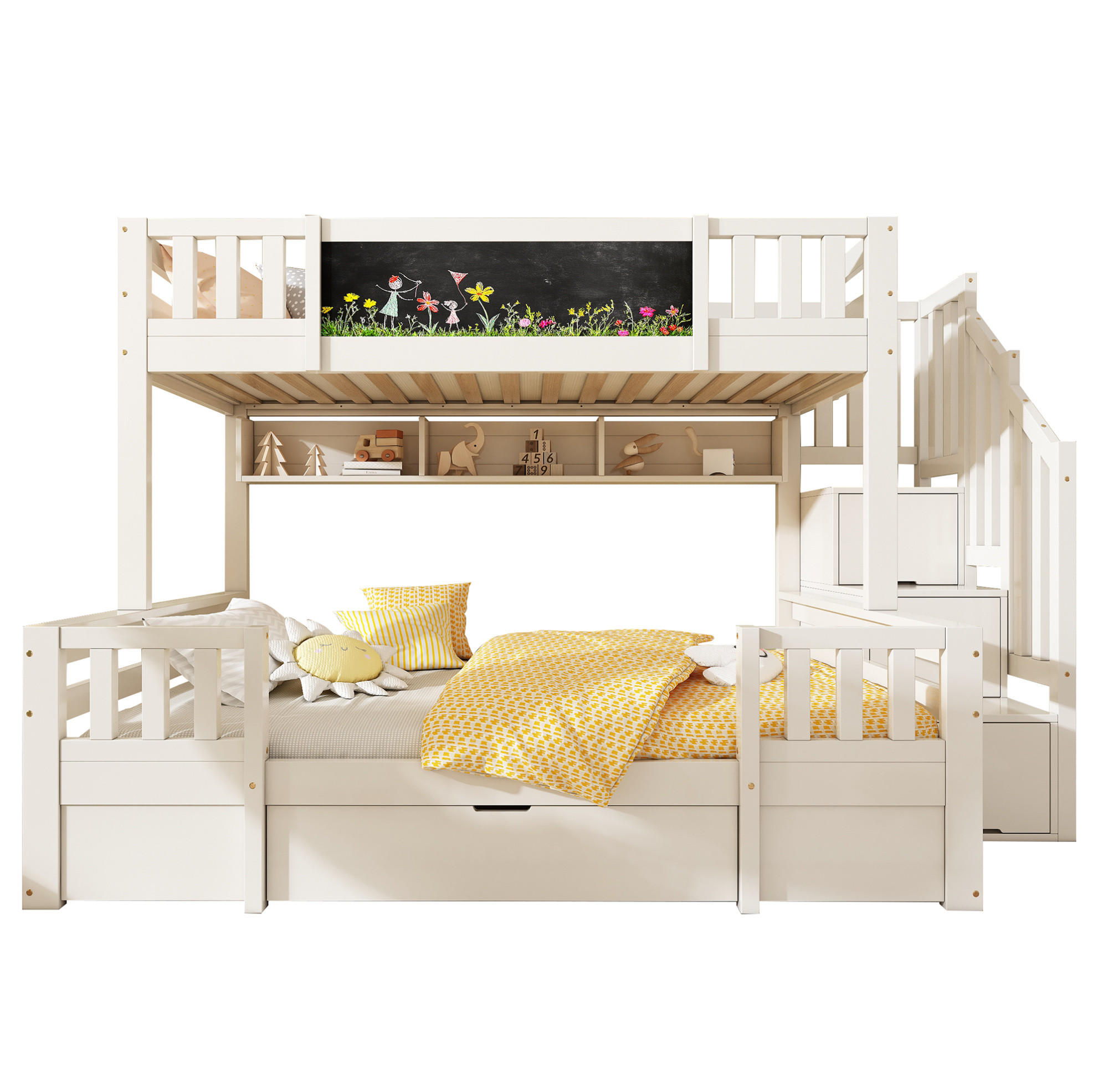 ETAGENBETT 90/200 & 140/200 cm Weiß mit Kreidetafel und Stauraumtreppe - Weiß, Holzwerkstoff - BEAOK