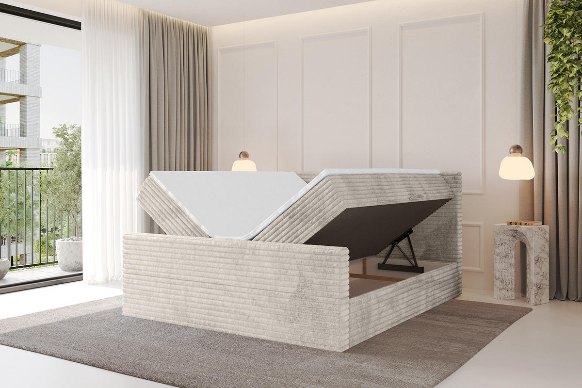 BOXBETT mit Matratze H4 und Lattenrost - TOLO-Z-v1 - 120x200 Cord - Creme - Creme, Holzwerkstoff (120/200cm)