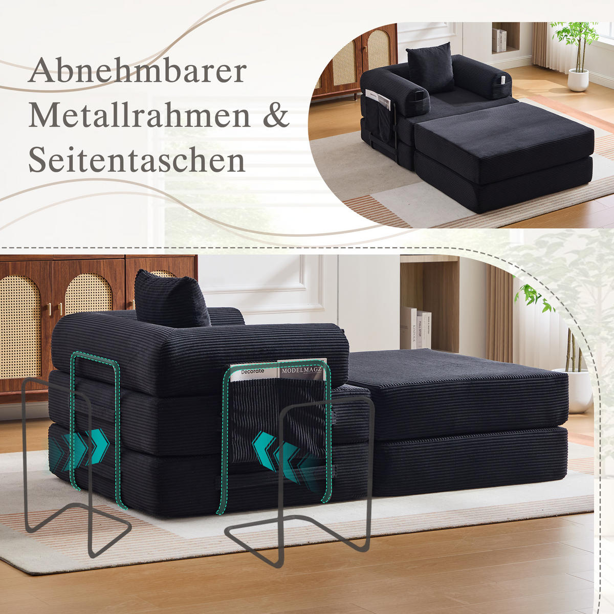 SOFA Cord Schwarz mit Kissen und Hocker - Schwarz, Textil/Metall (112/67/190cm) - WISHDOR