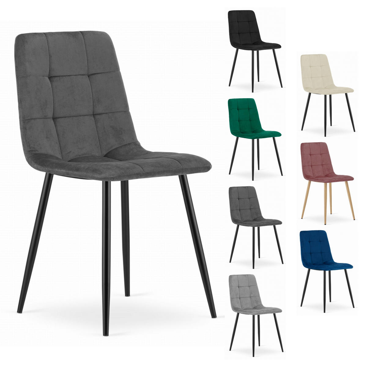 STUHL CETARA 2-er Set, Grau, mit Samtstoff gepolstert - Anthrazit, Textil/Metall (45/87/51cm) - Komodee