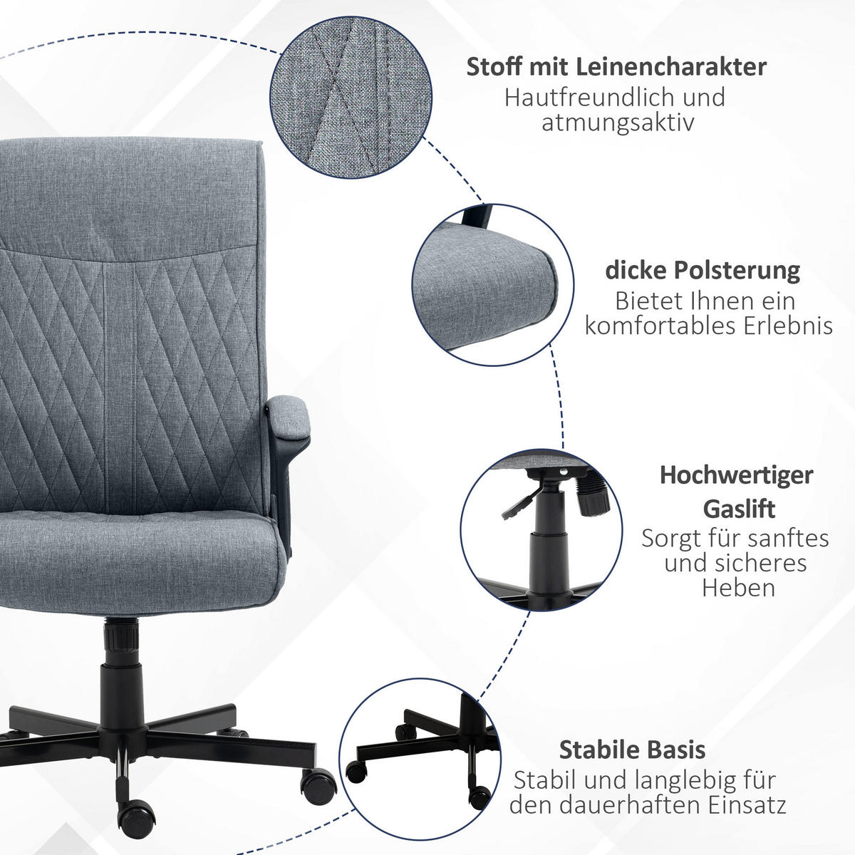 BÜROSTUHL mit Wippfunktion, Höhenverstellbarer Schreibtischstuhl für Büro Grau - Dunkelgrau, Metall (65/112.5/72cm) - Vinsetto
