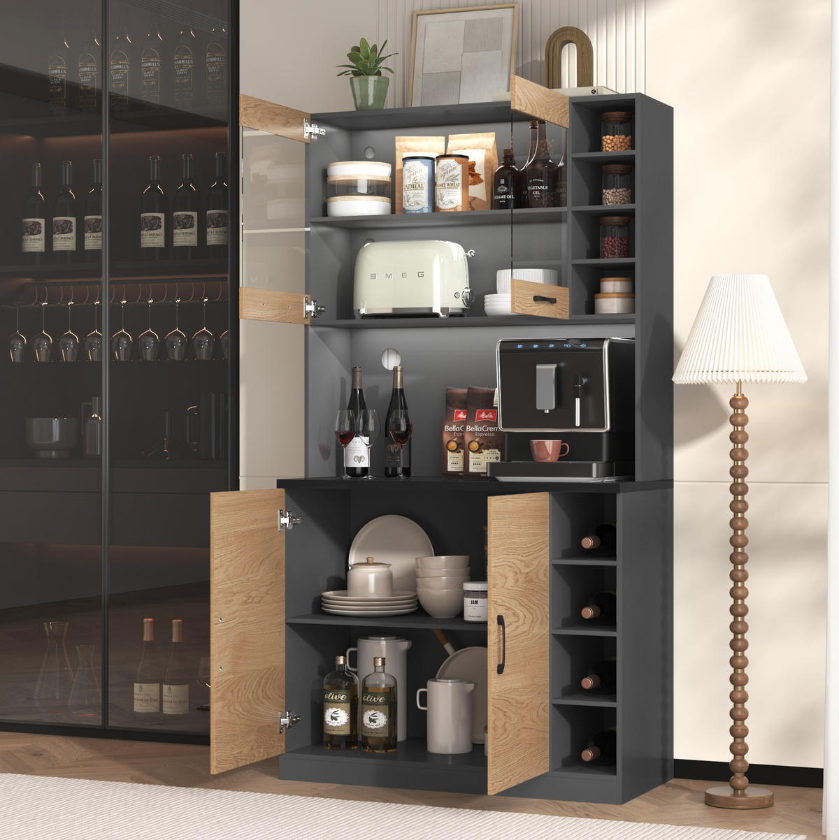 BUFFET 100/47/187 cm aus MDF mit LED-Beleuchtung und Mikrowellenfach Grau/Natur - Naturfarben, Holzwerkstoff (100/187/47cm) - Modenvie