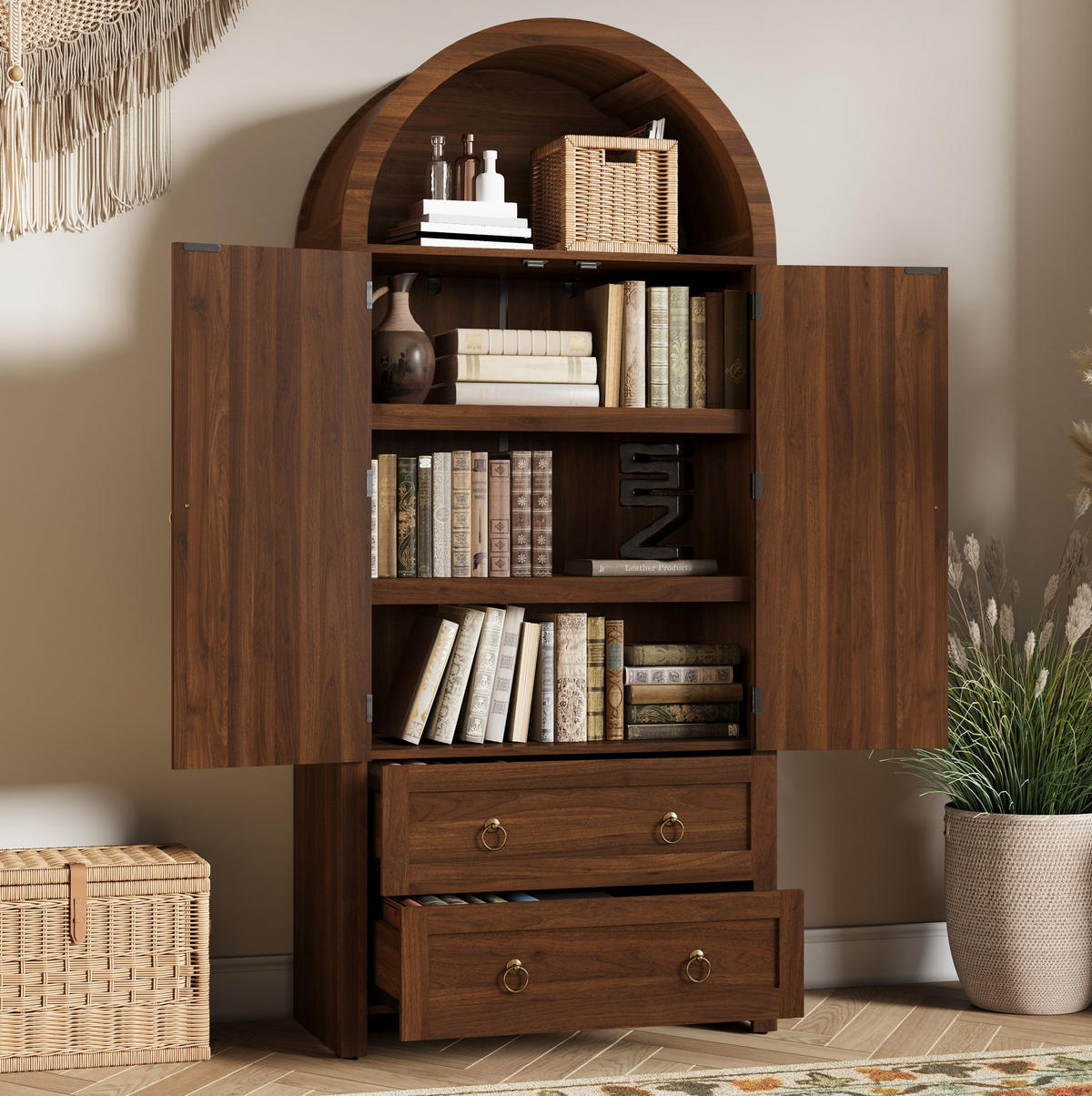 KOMMODE 80/40/180 cm aus MDF mit Rattangeflecht und verstellbaren Einlegeböden Nussbaum - Nussbaumfarben, Holzwerkstoff (80/180/40cm) - Modenvie