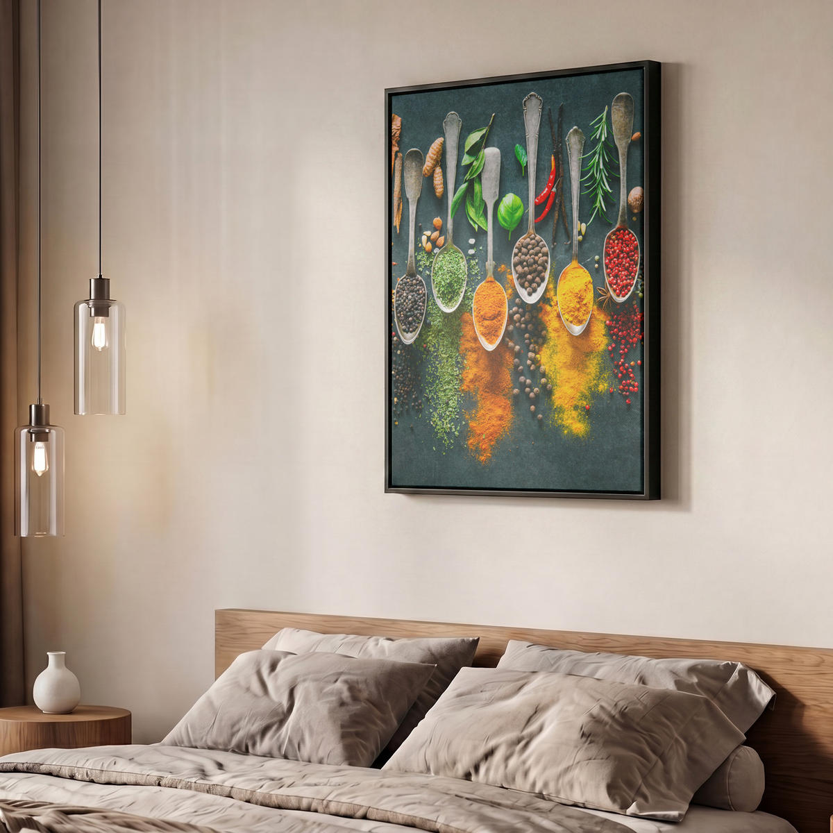 LEINWAND Bilder mit Rahmen - Kräuter - Gewürze - Löffel - 60x80 - Currygelb, Textil (60/80cm) - MuchoWow