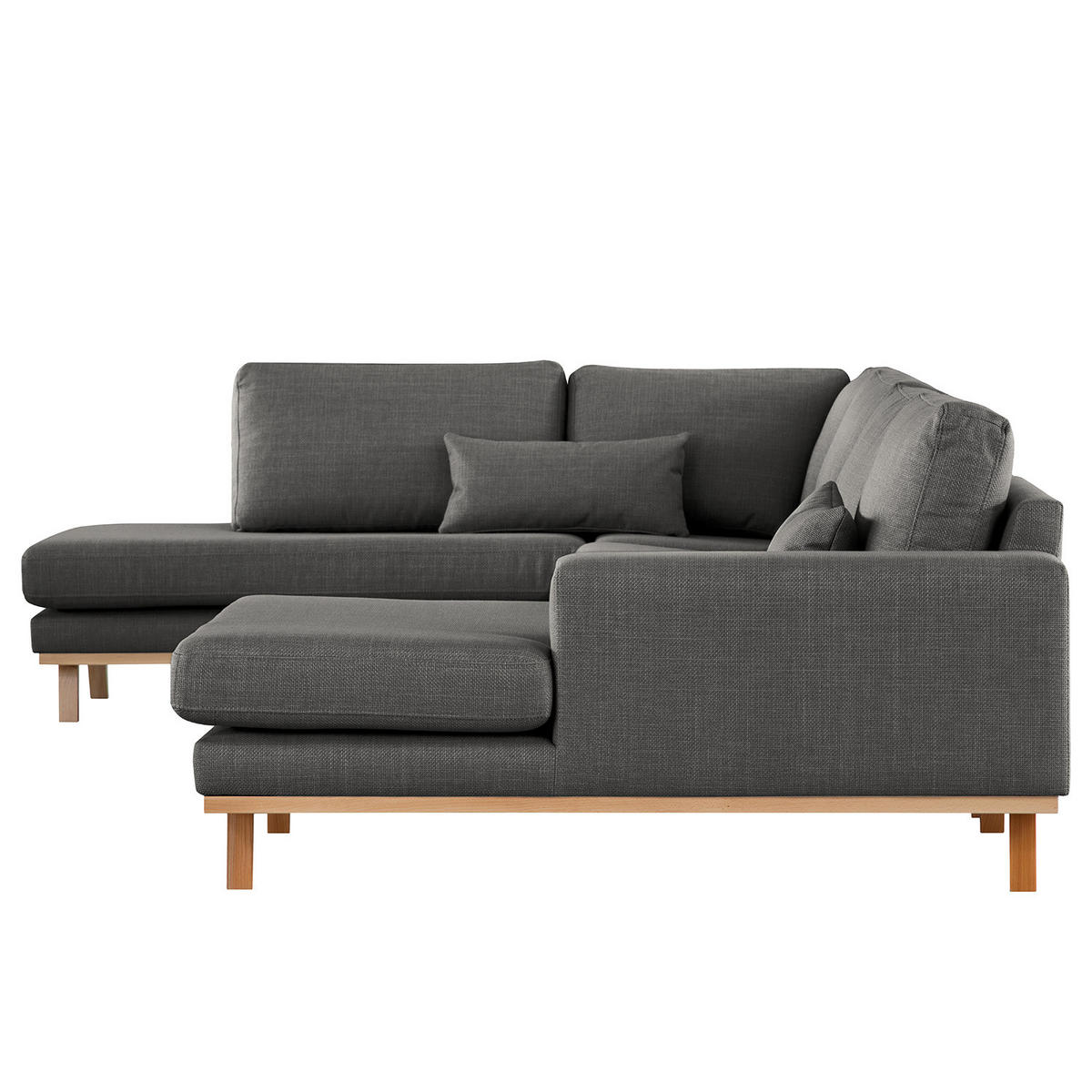 WOHNLANDSCHAFT mit Longchair - Dunkelgrau/Buchefarben, Buchenholz/Textil (371/81/219cm) - home24