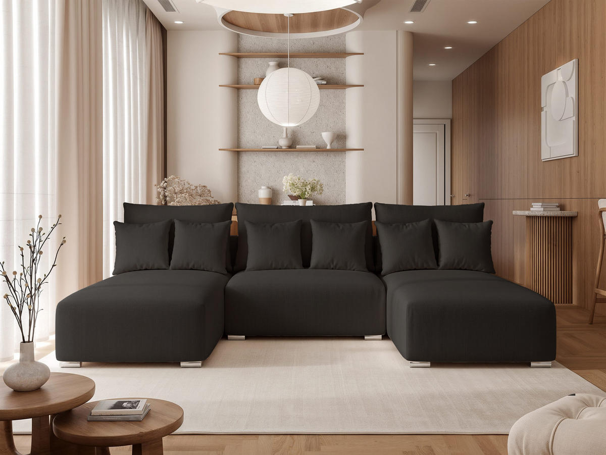 WOHNLANDSCHAFT ELVO mit Schlaffunktion und Bettkasten Anthrazit - Anthrazit, Holzwerkstoff/Kunststoff (300/91/190cm) - Idohome