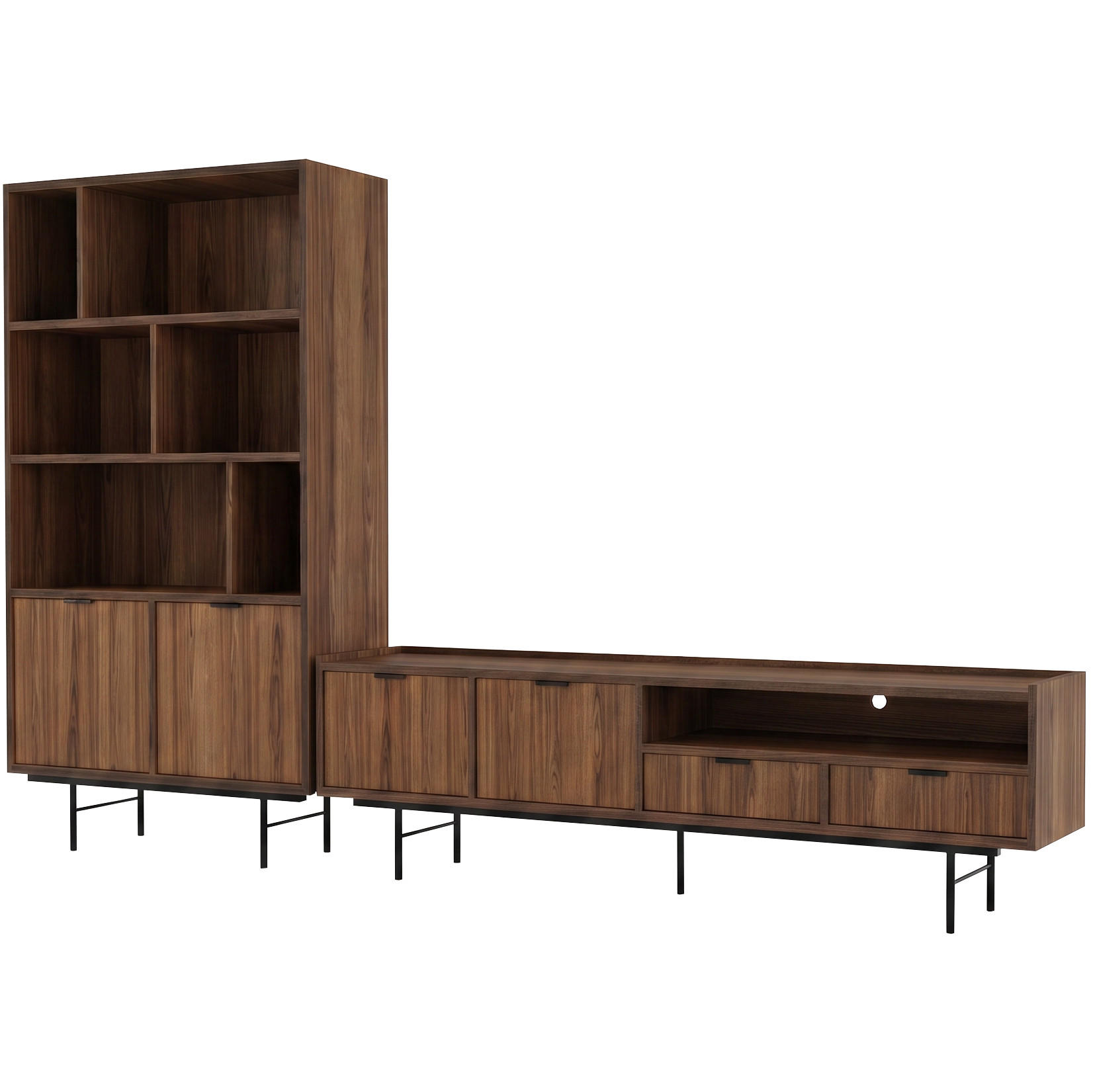 WOHNWAND Evron 2-teilig Bücherregal 90 cm + TV-Board 200 cm, Walnuss - Walnussfarben/Schwarz, Holzwerkstoff/Metall (200/185/35cm) - Beautysofa
