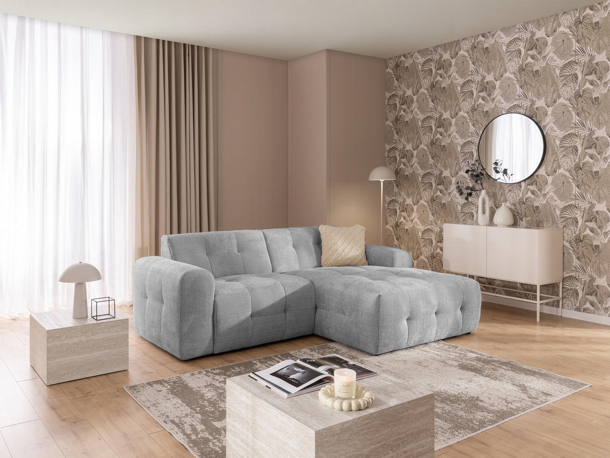 ECKSOFA Kozy im Bumpy-Design mit fester Rückenlehne aus weichem Hellgrau Chenille-Stoff - Ottomane rechts - Hellgrau/Schwarz, Holz/Kunststoff (234/161cm) - S-Style Möbel