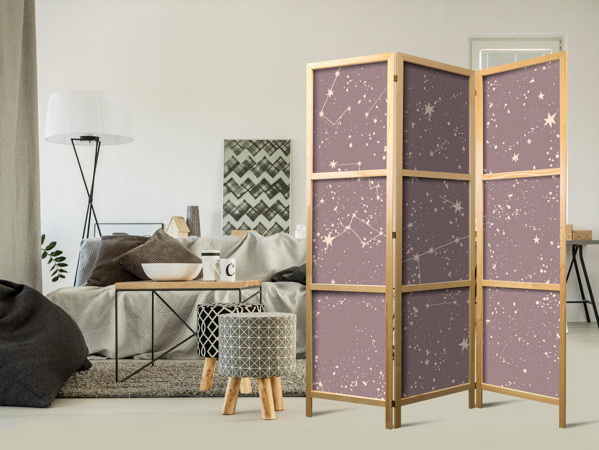 PARAVENT Japanischer 3-tlg 135x172 cm Sterne - Violett, Holz/Textil (135/172/3cm) - Muralo