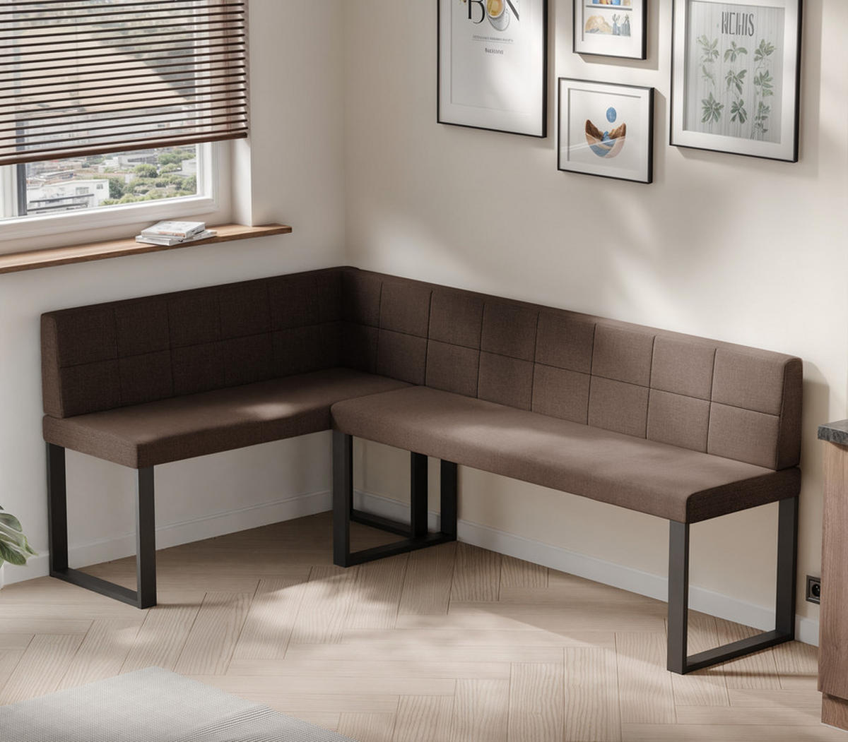 ECKBANK links SANA U Webstoff gesteppt, 142/196 cm Braun - Braun, Textil/Metall (142/196cm) - Idohome