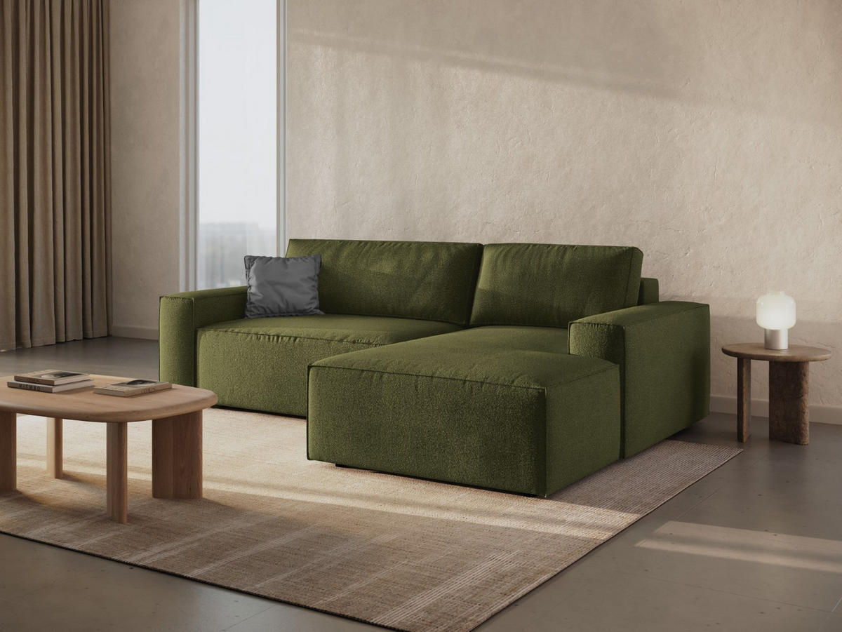 ECKSOFA ausklappbar rechts mit Container Jodie aus Boucle dunkles olivgrün 3 Sitzplätze - Dunkelgrün, Textil (151/246cm) - Micadoni