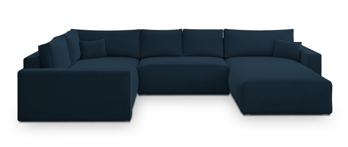 WOHNLANDSCHAFT VELAMI L-S Blau Velours-Stoff mit Schlaffunktion - Blau, Holz (365/83/194cm) - MASSENO