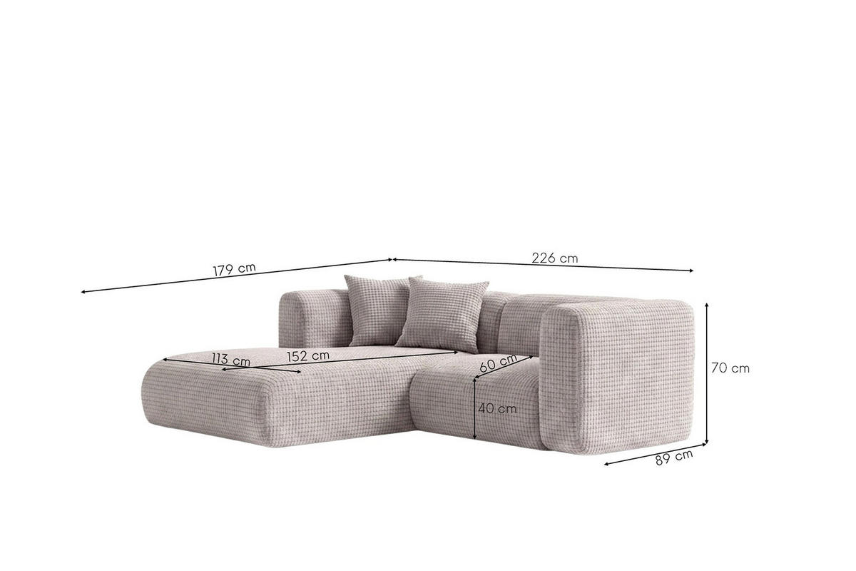 ECKSOFA L-Form mini, Chenille-Stoff Cremona, Hellgrau, Links, GRETA - Hellgrau, Holz (226/179cm) - Kaiser Möbel