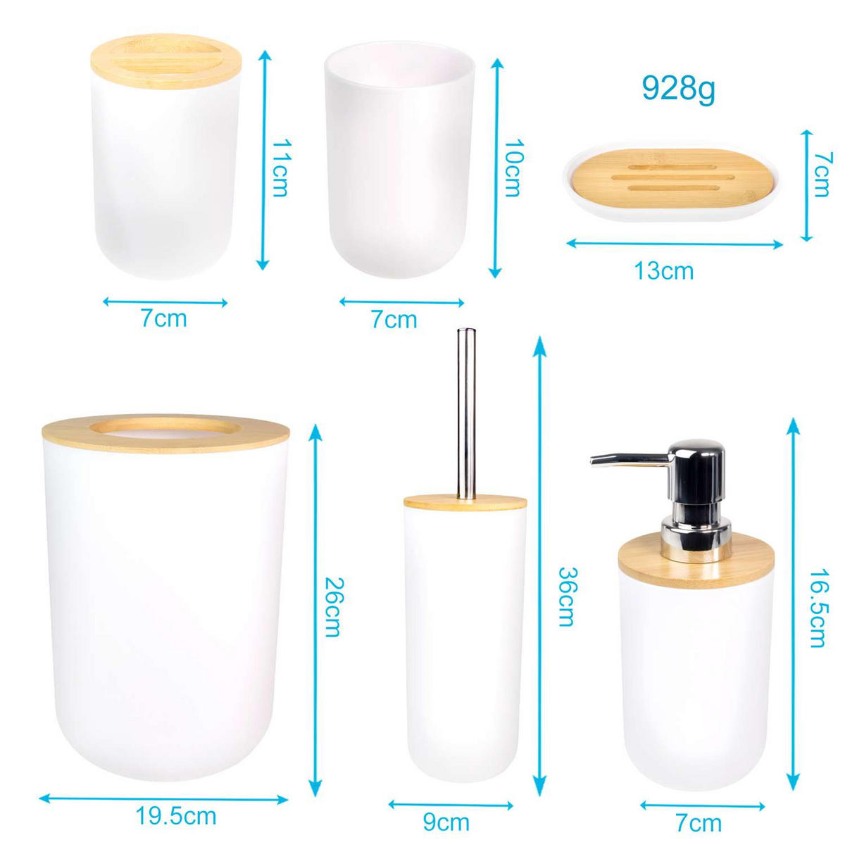 BADEZIMMER ZUBEHÖR SET (6-tlg.) mit Zahnputzbecher Seifenschale Seifenspender Toilettenbürste - Weiß, Naturmaterialien (19.5/26/19.5cm) - Intirilife