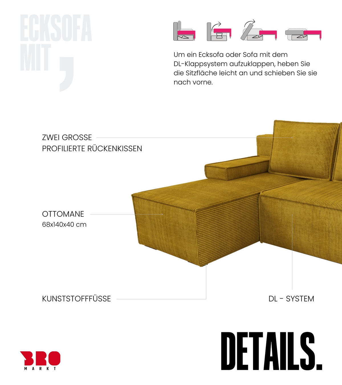 ECKSOFA Caspar mit Schlaffunktion Gelb Cord - Gelb, Textil (200/141cm) - Bromarkt