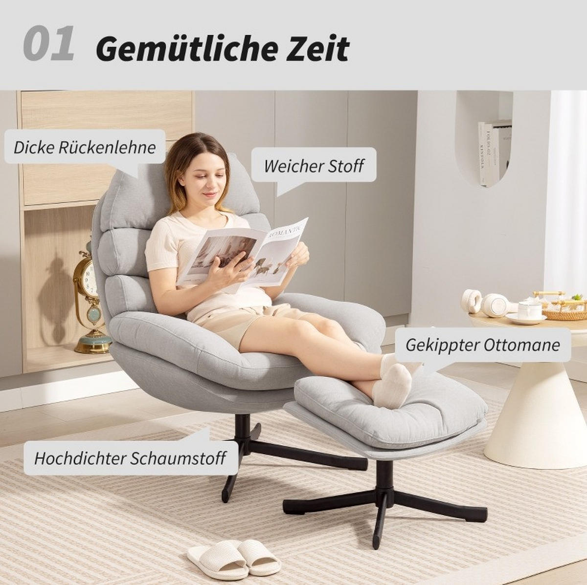RELA/AČNÉ kreslo s taburetom, 78/93/100 cm, polyester krémovobiele, otočné - krémová, textil (78/100/93cm) - BEAOK