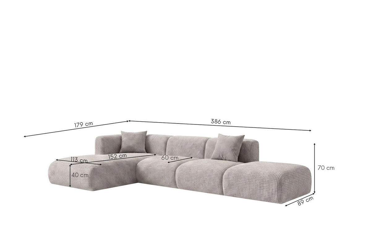ECKSOFA L-Form mit Hocker, Chenille-Stoff Cremona, Hellgrau, Links, GRETA - Hellgrau, Holz (386/179cm) - Kaiser Möbel