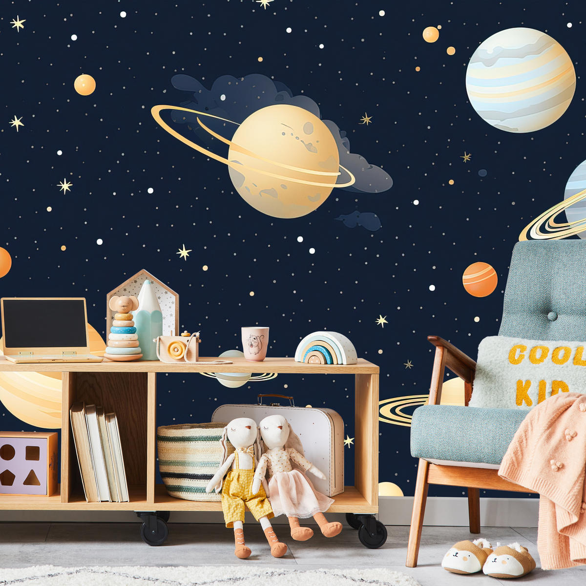 FOTOTAPETE für Kinderzimmer Märchen Galaxie Planeten Sterne 100x70 - Blau/Gelb, Papier (100/70cm) - Muralo