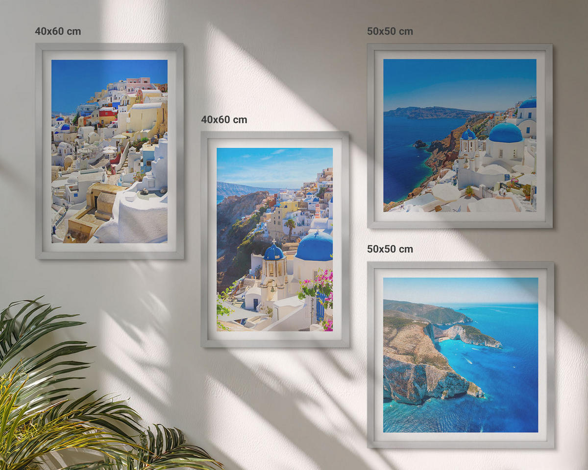 WANDBILDER 4er Set - 50x50 cm & 40x60 cm Silberner Rahmen - Architekturlandschaft Oia Santorin Griechenland - Silberfarben, Kunststoff (50/50cm) - ArtPrintCave