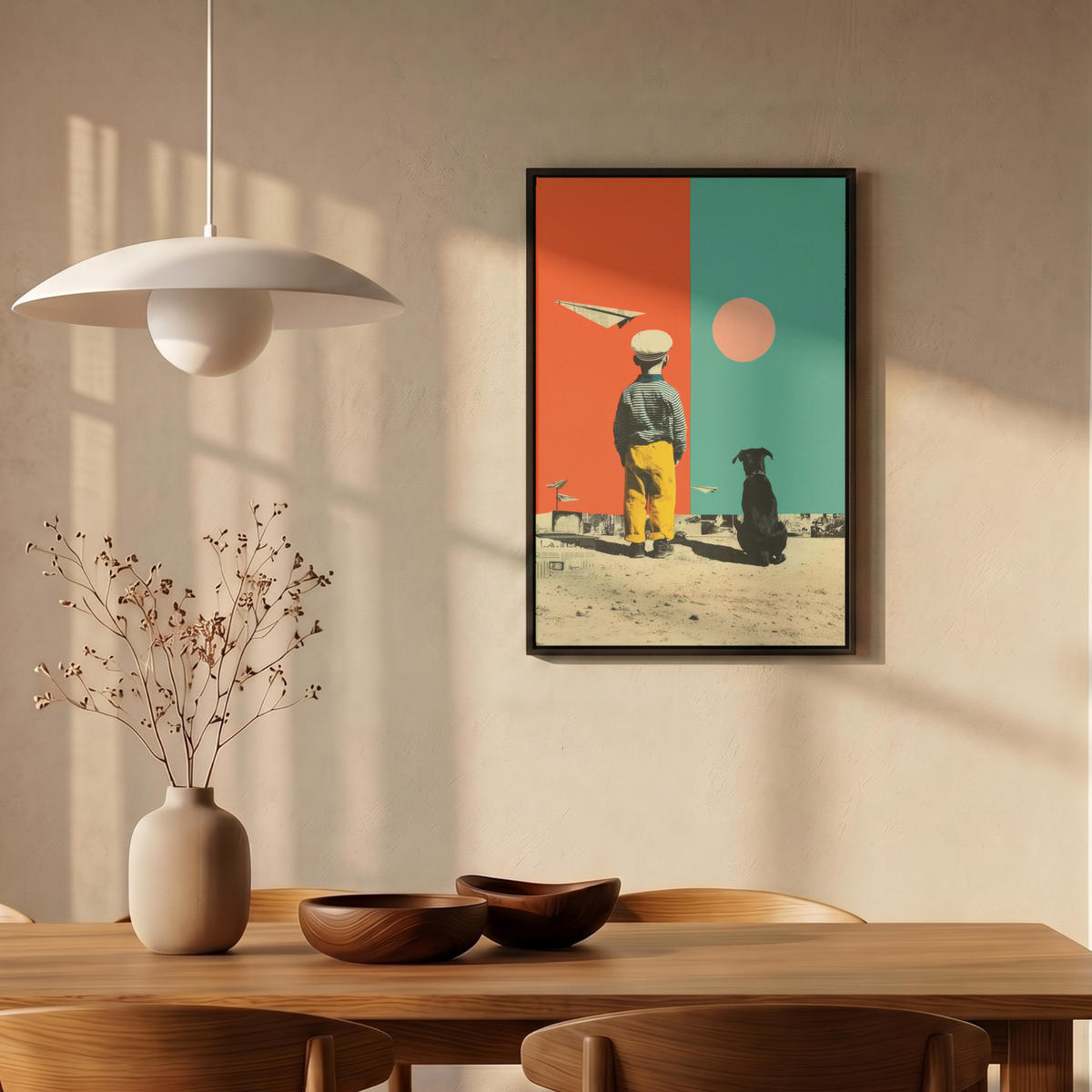 LEINWAND Bilder mit Rahmen - Retro - Junge - Hund - Rot - Grün - 40x60 - Orange, Textil (40/60cm) - MuchoWow