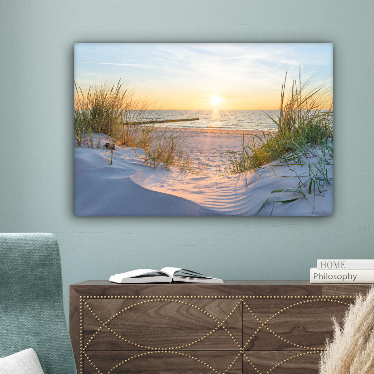 LEINWANDBILD Strand - Sonne - Düne - Gras - Sand - Horizont Wanddeko 90x60 cm - Hellblau, Textil (90/60cm) - MuchoWow