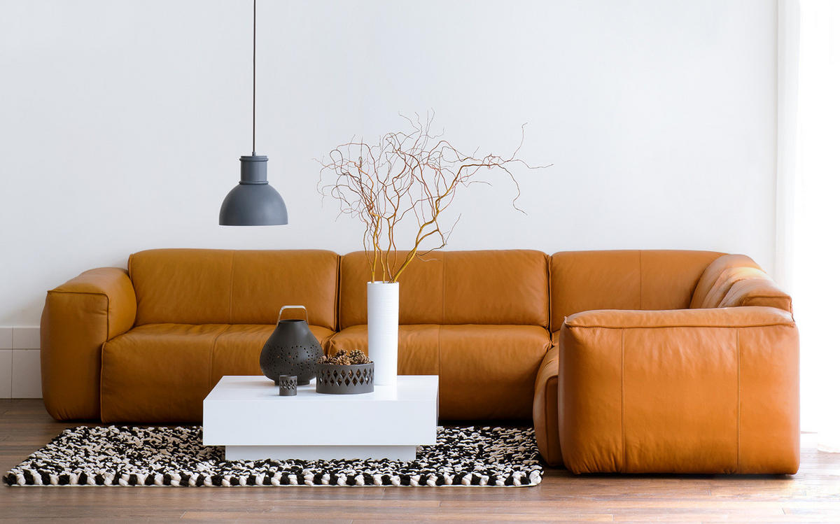 ECKSOFA mit Rundecke - Cognac/Schwarz, Leder/Kunststoff (325/260cm) - home24