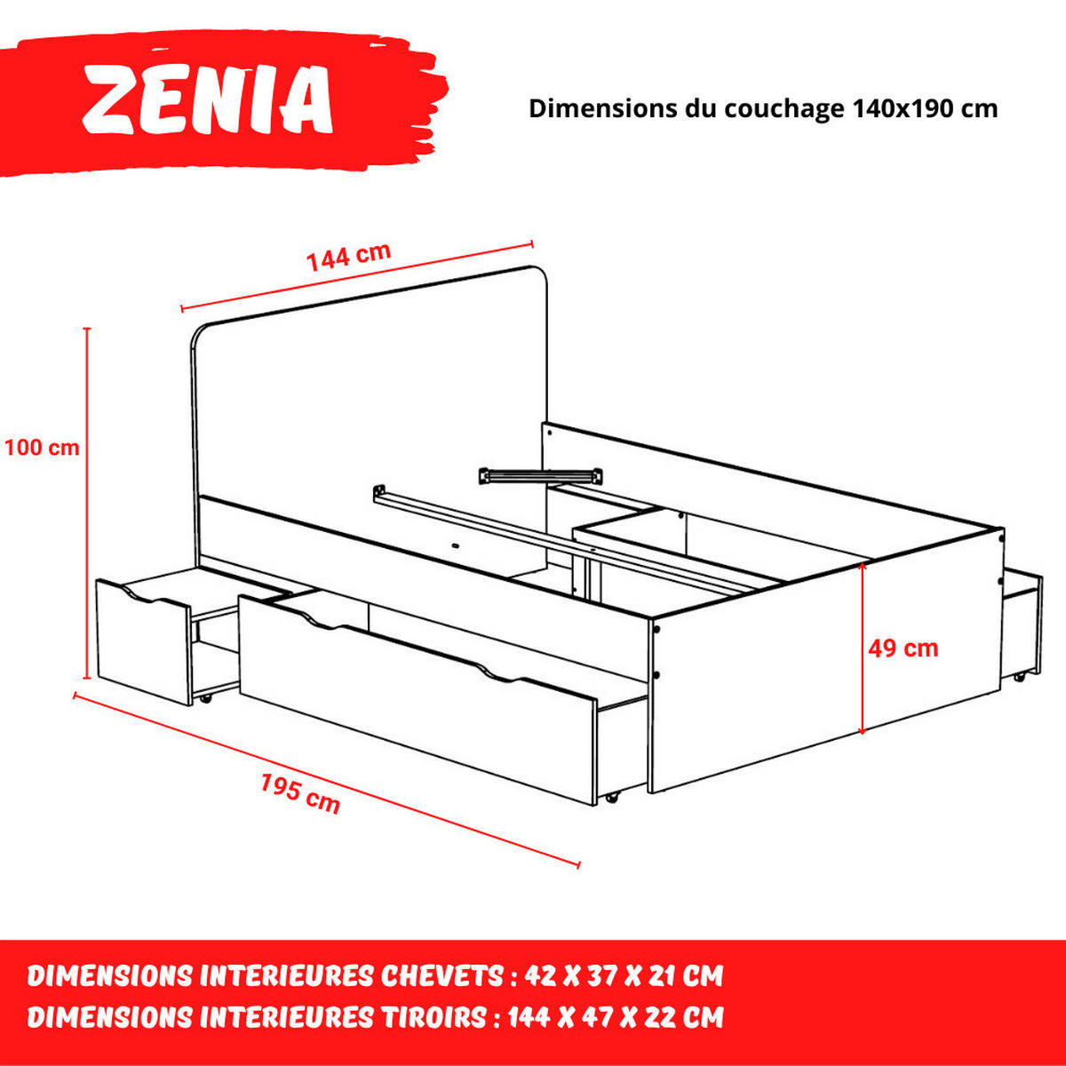 DOPPELBETT ZENIA / Bett 140x190 + 2 Konsolen + 2 Schubladen - Eiche gebleicht & schwarz - Schwarz, Holzwerkstoff (140/190cm) - Weber Industries