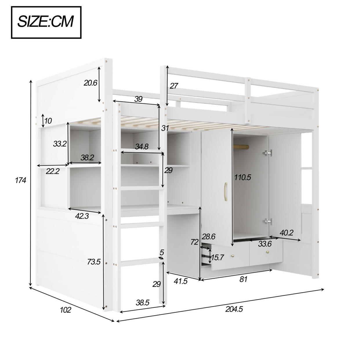 HOCHBETT 90/200 cm Weiß mit Schreibtisch und Stauraum - Weiß, Holz (90/200cm) - MIVRAY