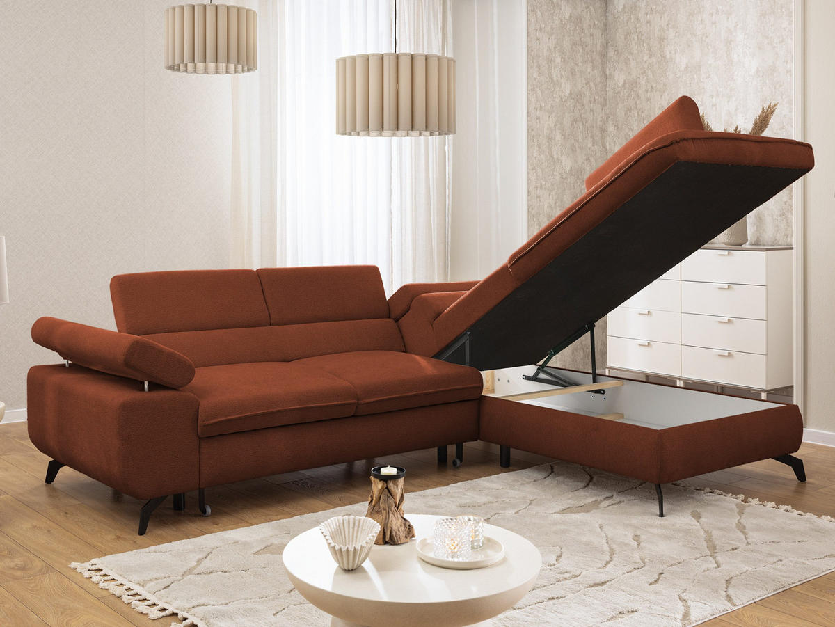 ECKSOFA mit Schlaffunktion und Bettkasten Bonnie aus Terrakotta Chenille-Stoff mit verstellbaren Kopfstützen und Armlehne - Ottomane rechts - Terracotta/Schwarz, Holz/Textil (275/210cm) - S-Style Möbel