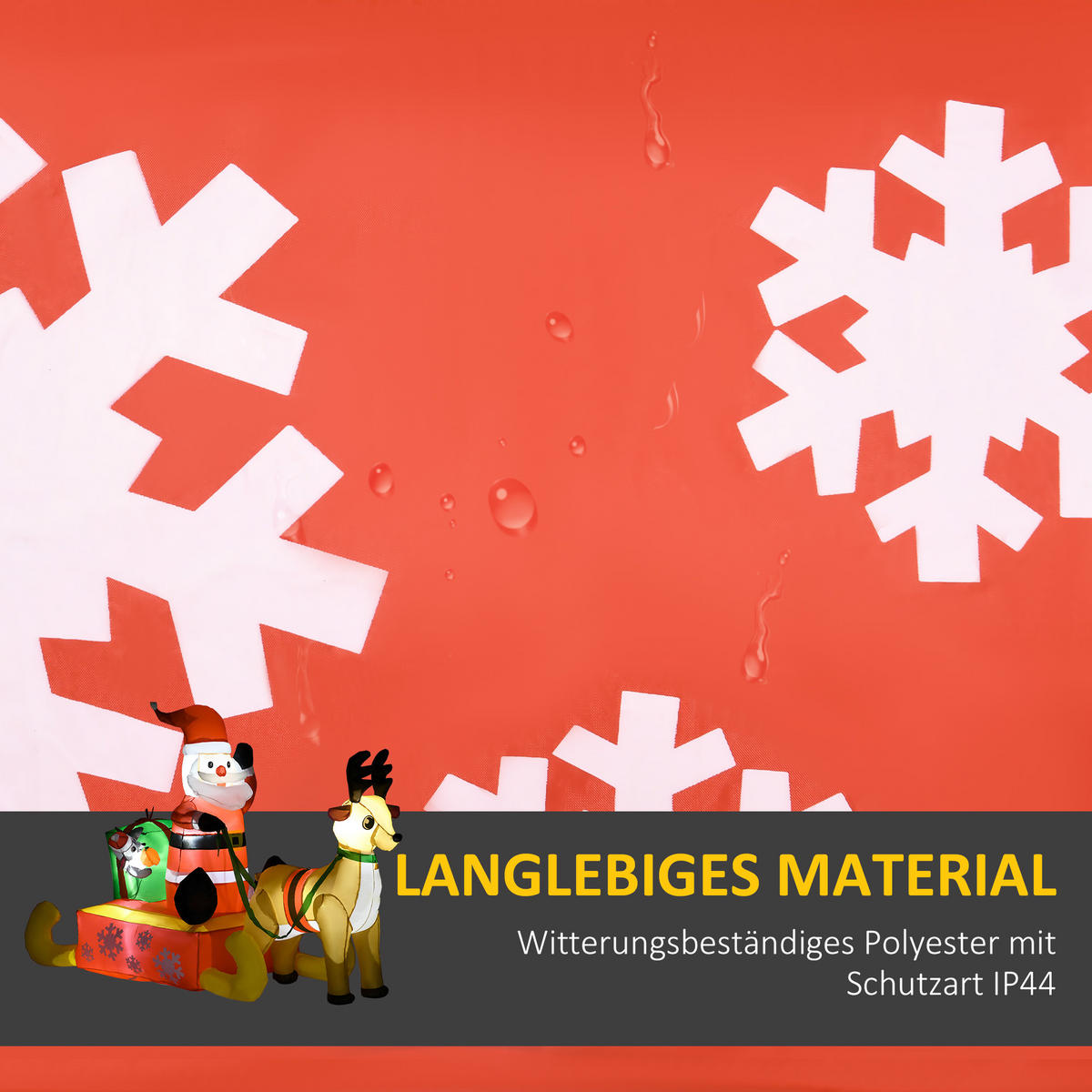 AUFBLASBARE Weihnachtsdeko, Weihnachtsmann mit Schlitten und Rentier, mit LED-Lichtern, für den Garten - Rot, Kunststoff (72/122/190cm) - HOMCOM